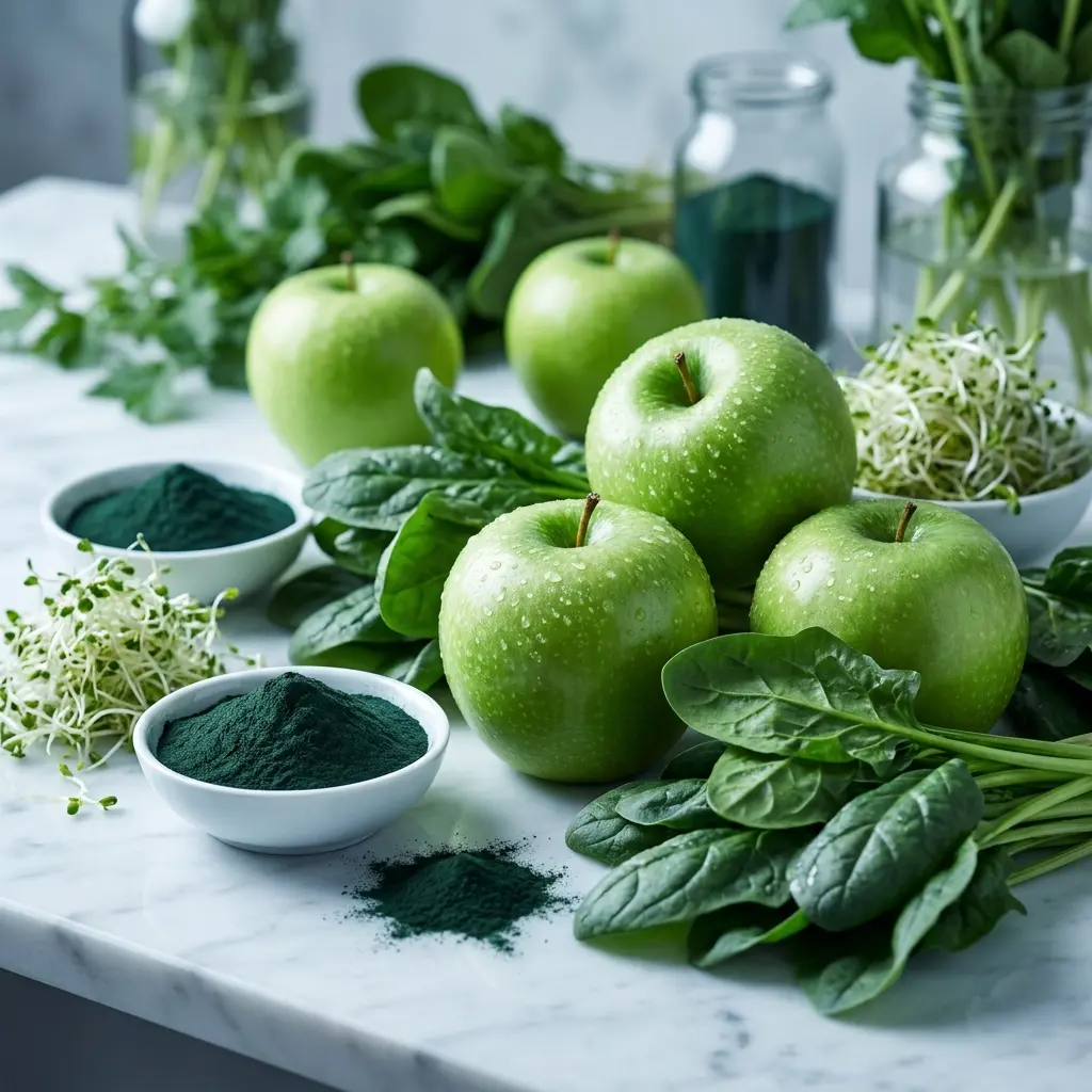 Bodegón natural de ingredientes de Alpha Balance: algas chlorella, espirulina, espinaca y manzana verde.