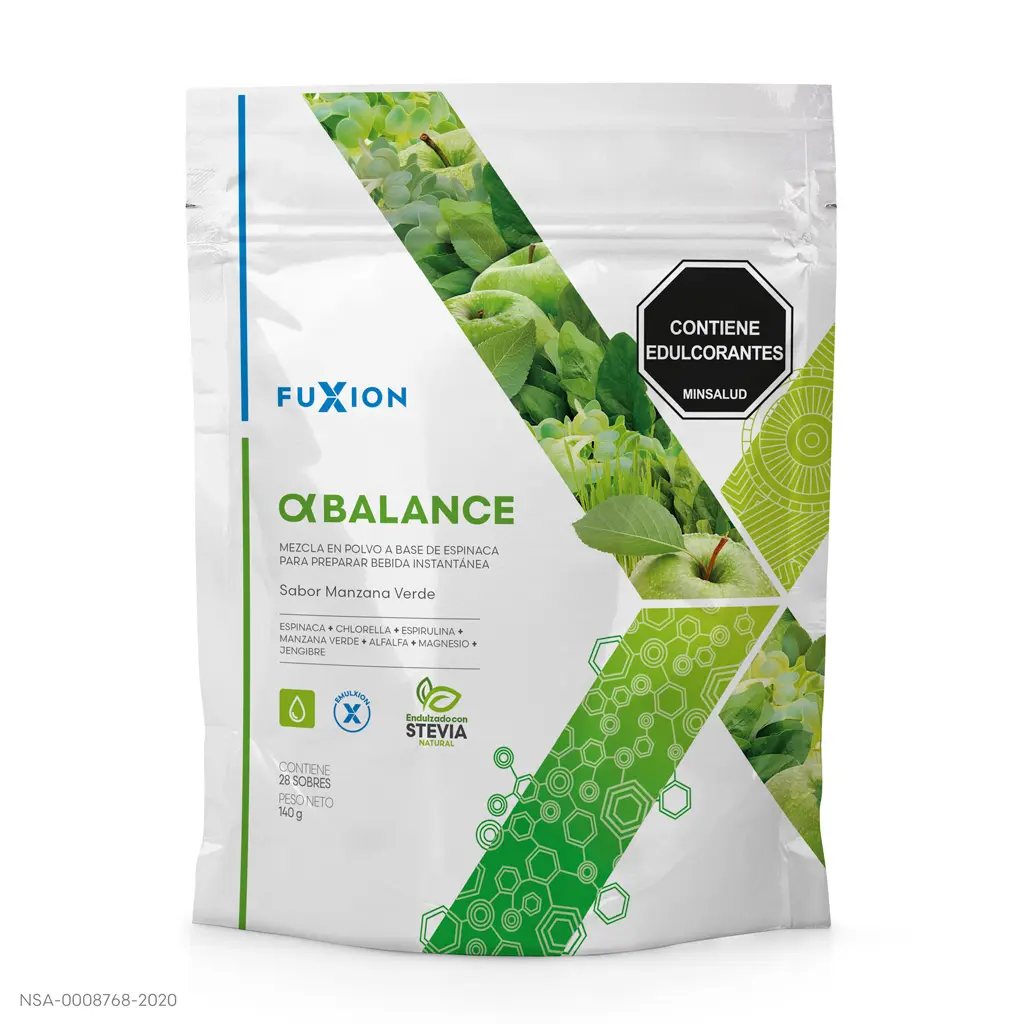 Doypack y sobres oficiales de Alpha Balance de FuXion, bebida verde alcalinizante.