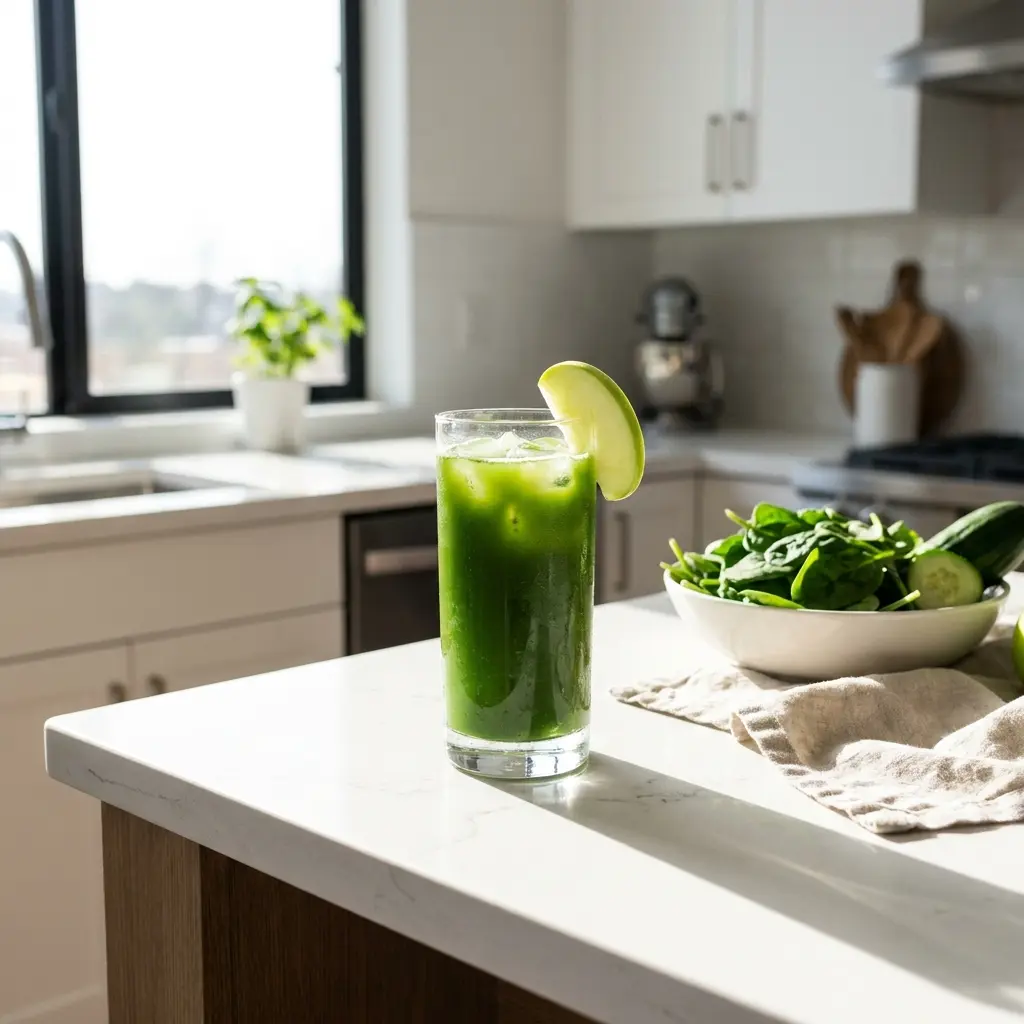 Vaso de jugo verde Alpha Balance preparado en la cocina durante la mañana en ayunas.