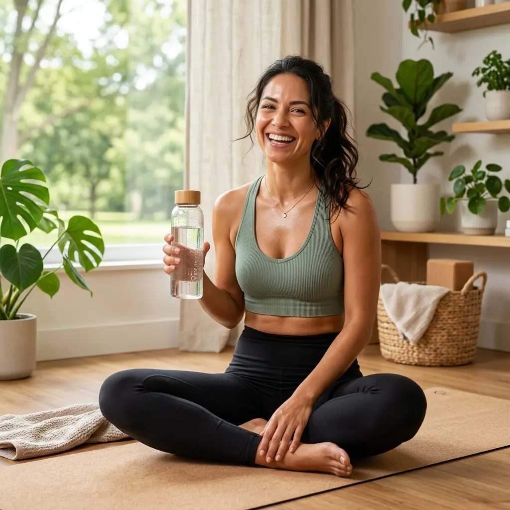 Persona feliz, hidratada y sin retención de líquidos gracias a Berry Balance de FuXion.