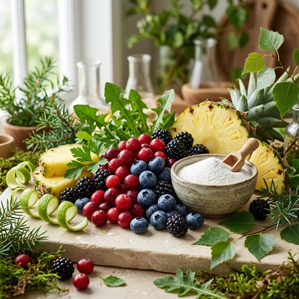 Bodegón natural de ingredientes de Berry Balance: arándanos rojos, moras y rodajas de piña.