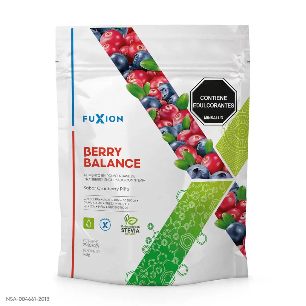 Caja y sobres oficiales de Berry Balance de FuXion, infusión para el tracto urinario.
