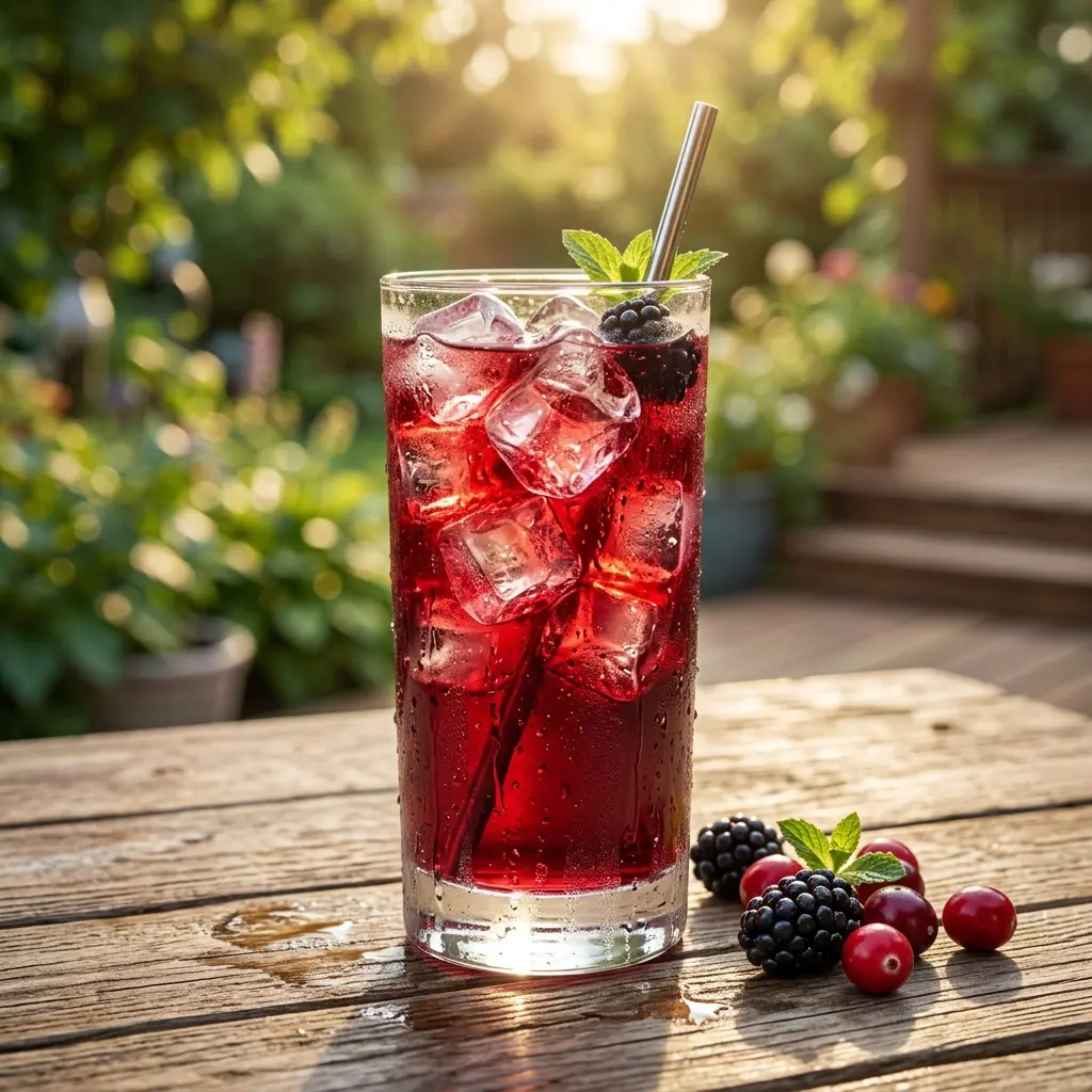 Vaso frío de Berry Balance con mucho hielo sirviéndose durante una tarde refrescante.
