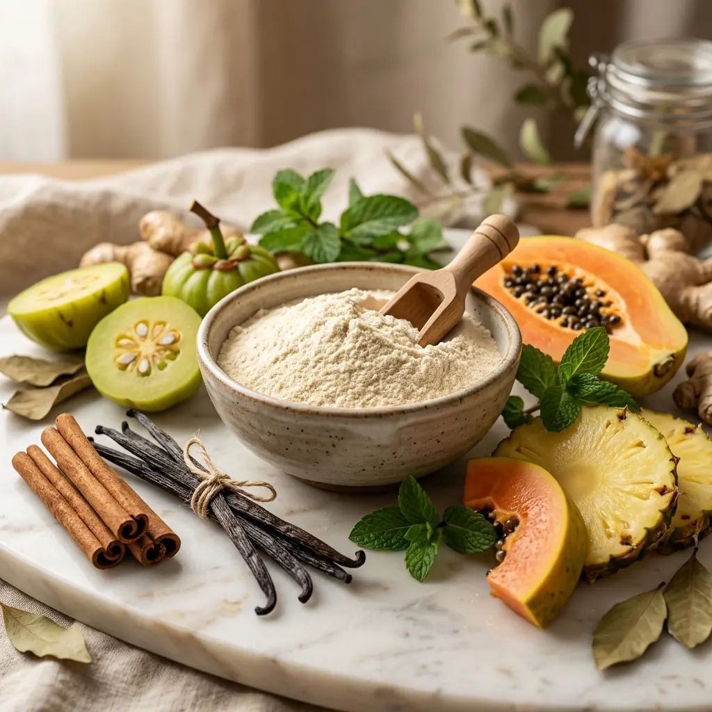 Bodegón de ingredientes de BioPro+ Fit: vainas de vainilla, canela, proteínas limpias y tamarindo malabar.