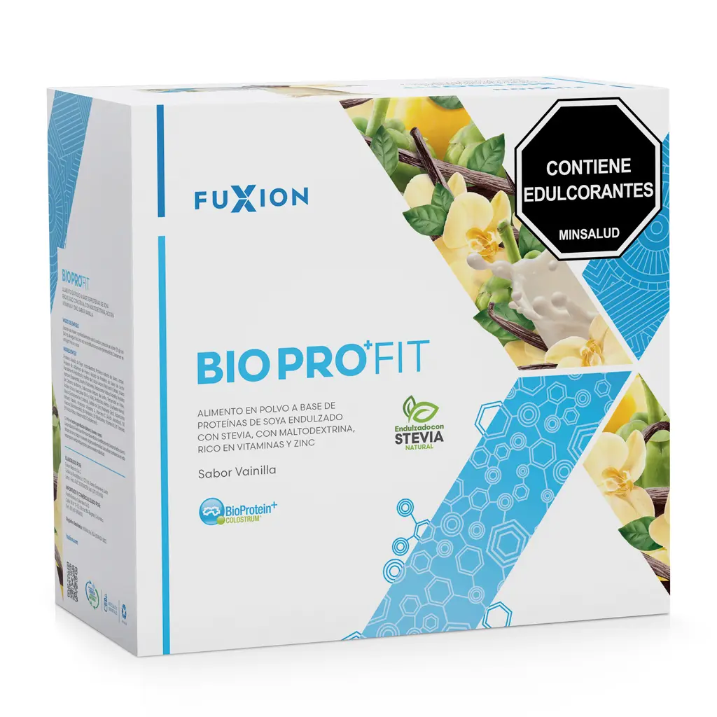 Caja y sobres oficiales de BioPro+ Fit de FuXion, batido proteico para control de peso.