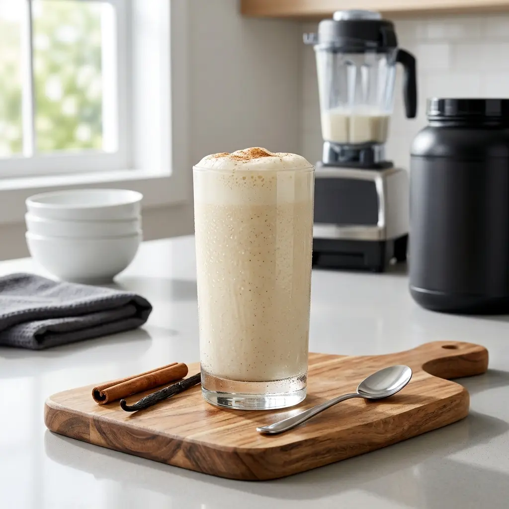 Preparando batido BioPro+ Fit en un shaker con agua fría y hielo a media mañana.