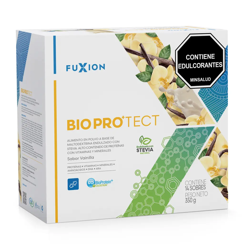 Caja y empaque oficial de BioPro+ Tect de FuXion, batido proteico nutricional.