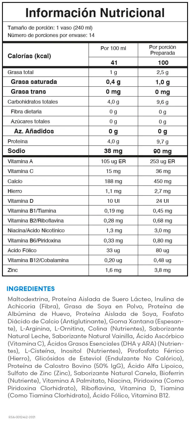 Ingredientes de BioPro+ Tect: proteína calostro bovino, vainilla orgánica y minerales.