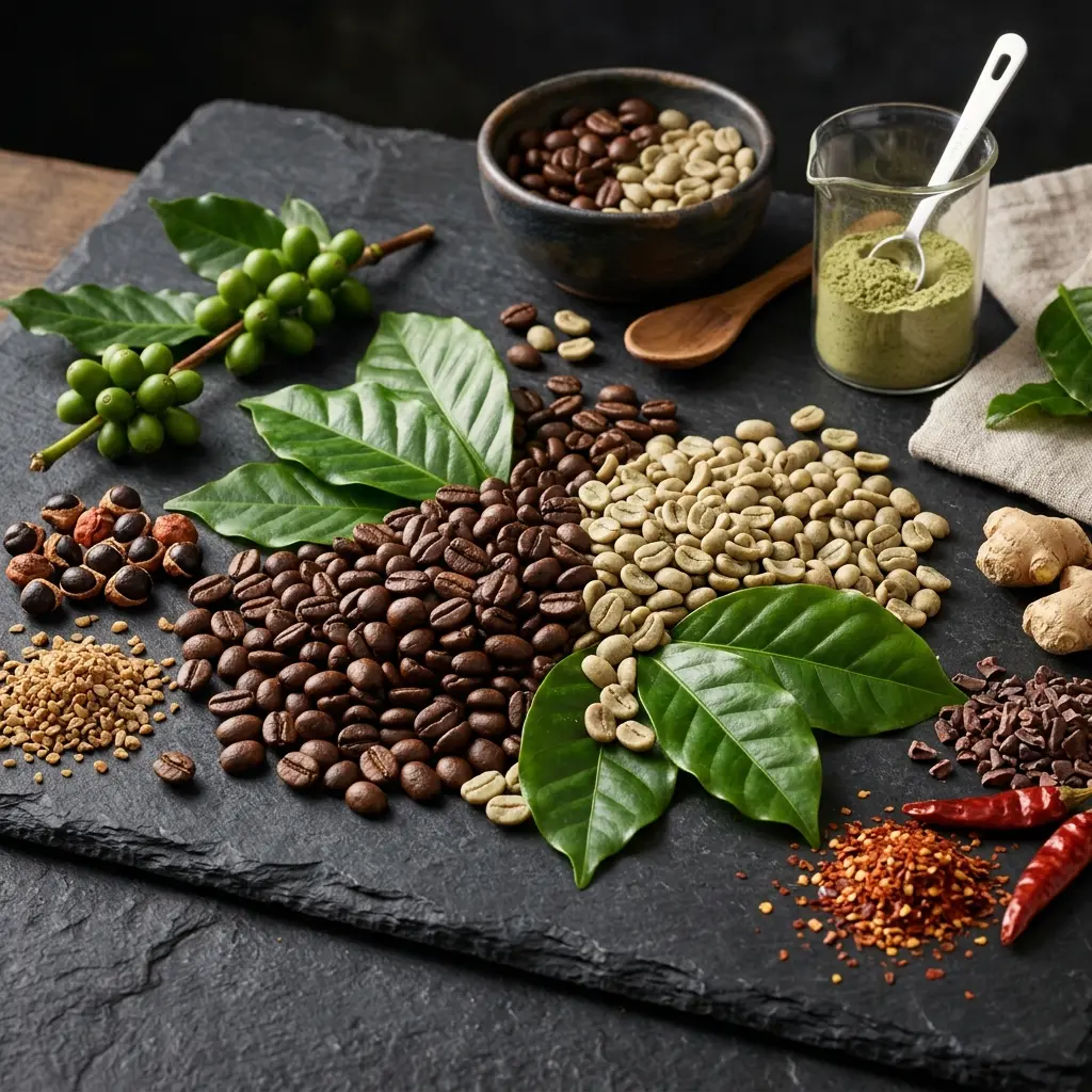 Bodegón de ingredientes de Café Fit: granos de café gourmet tostado, café verde al natural y té verde.