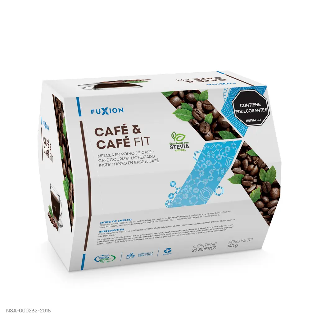 Caja y sobres oficiales de Café & Café Fit de FuXion, café gourmet quemagrasa.