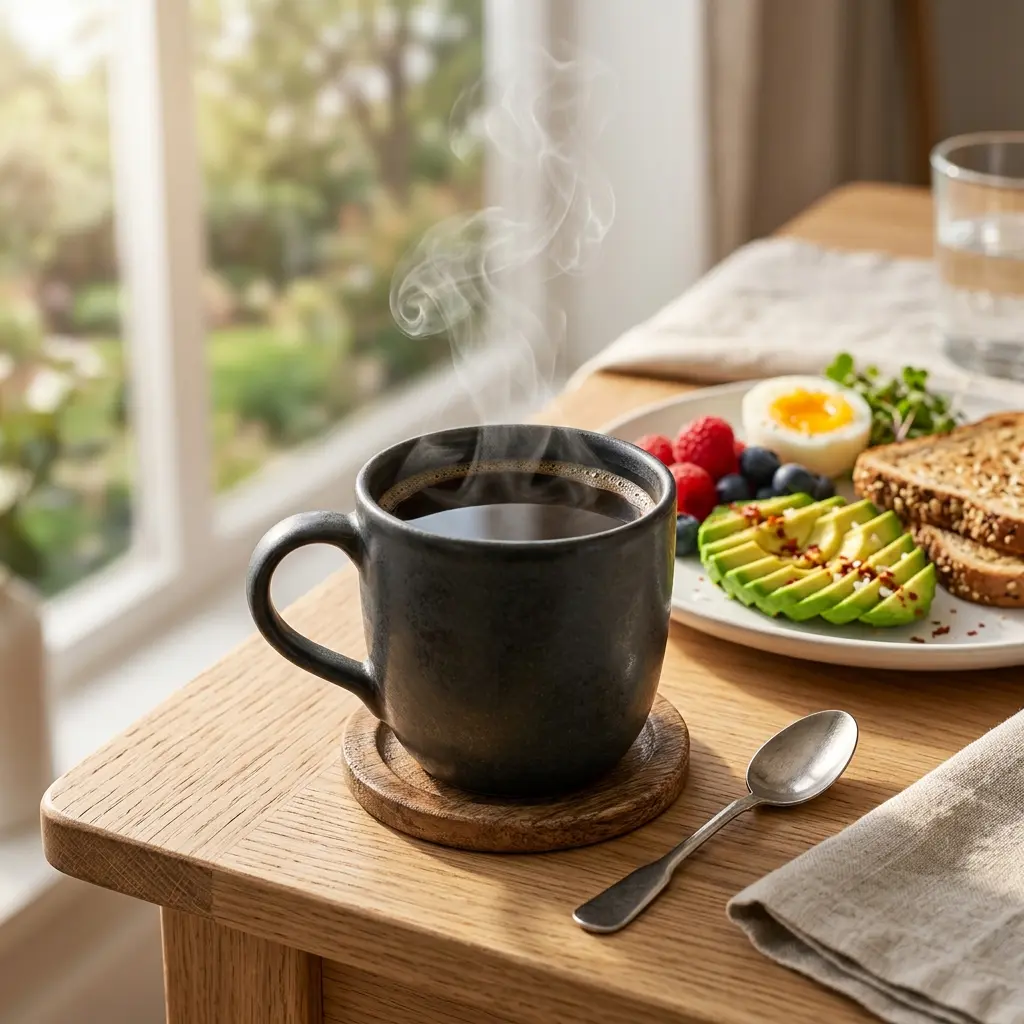 Taza de Café Fit servida durante el desayuno en la mañana para iniciar el día quemando grasa.