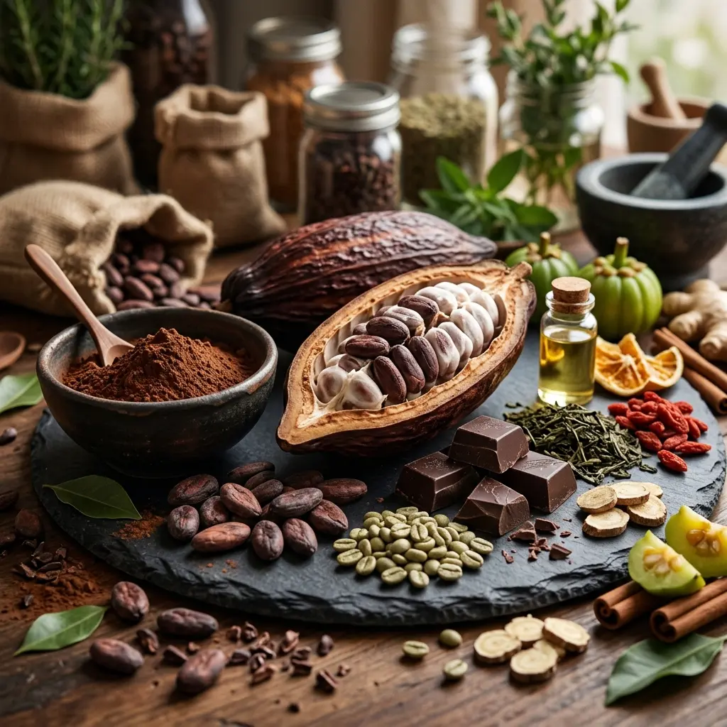 Bodegón de ingredientes de Chocolate Fit: polvo de cacao puro, granos de café verde y canela.