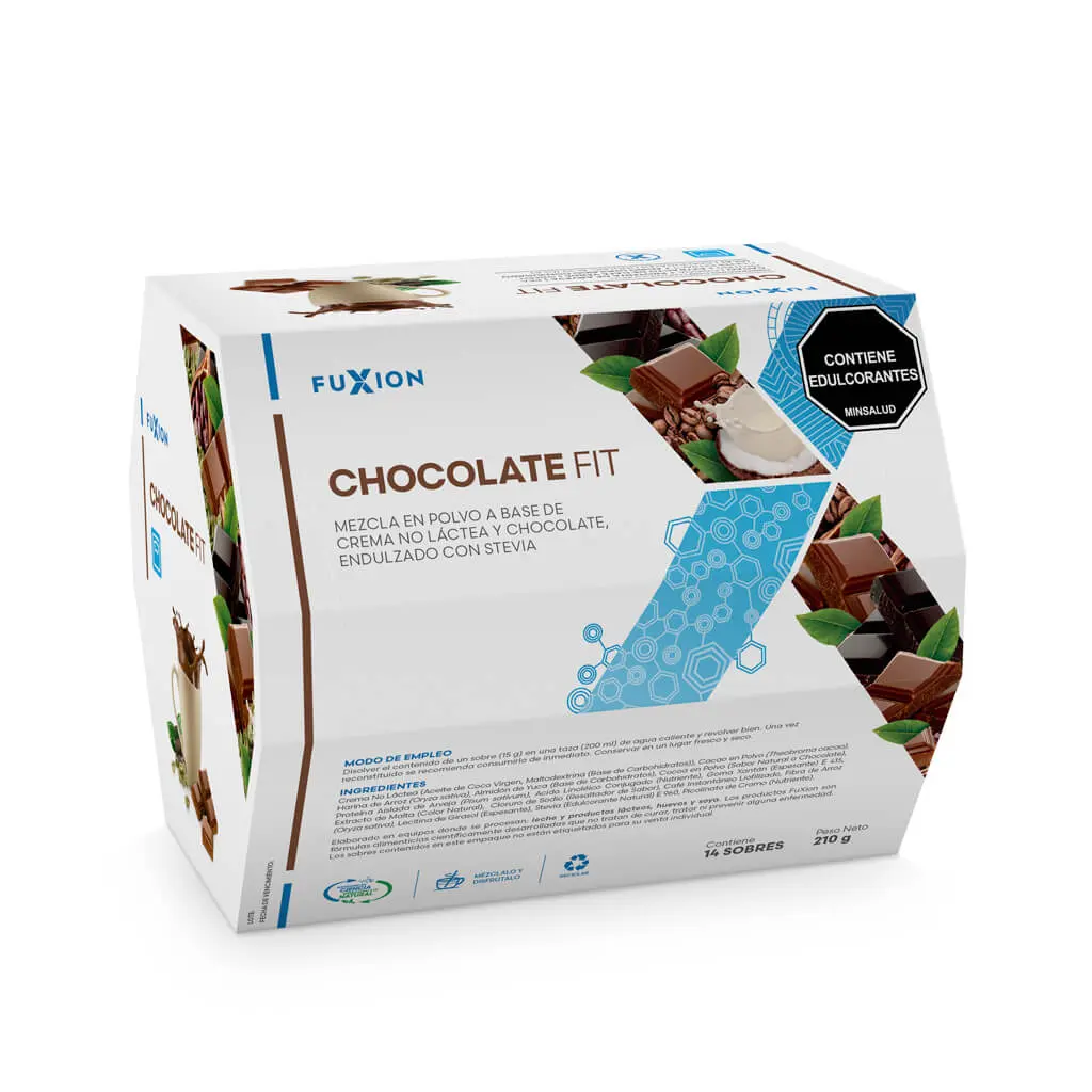 Caja y sobres oficiales de Chocolate Fit de FuXion, chocolate quemagrasa.