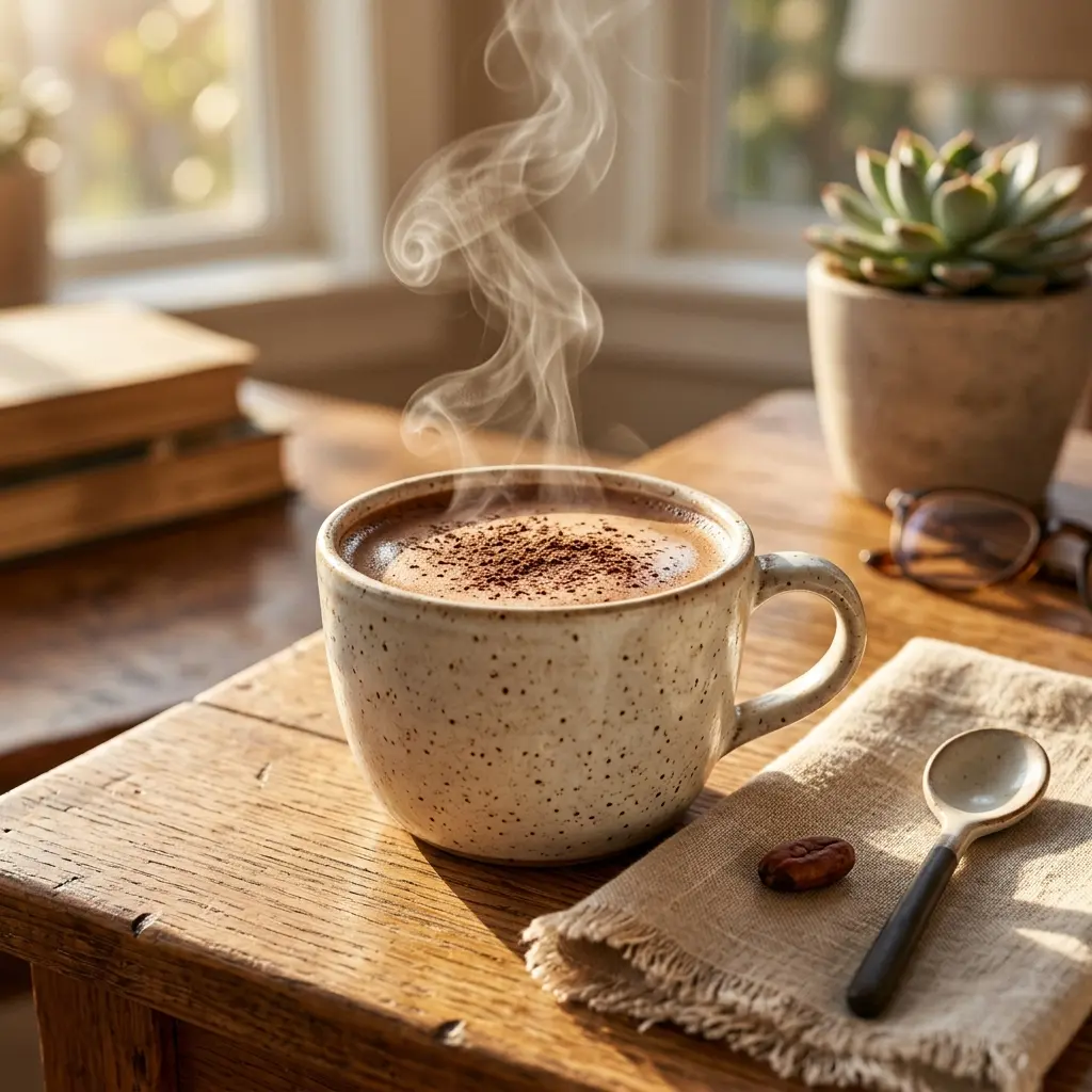 Taza de Chocolate Fit servida a media tarde para saciar los antojos de forma saludable.