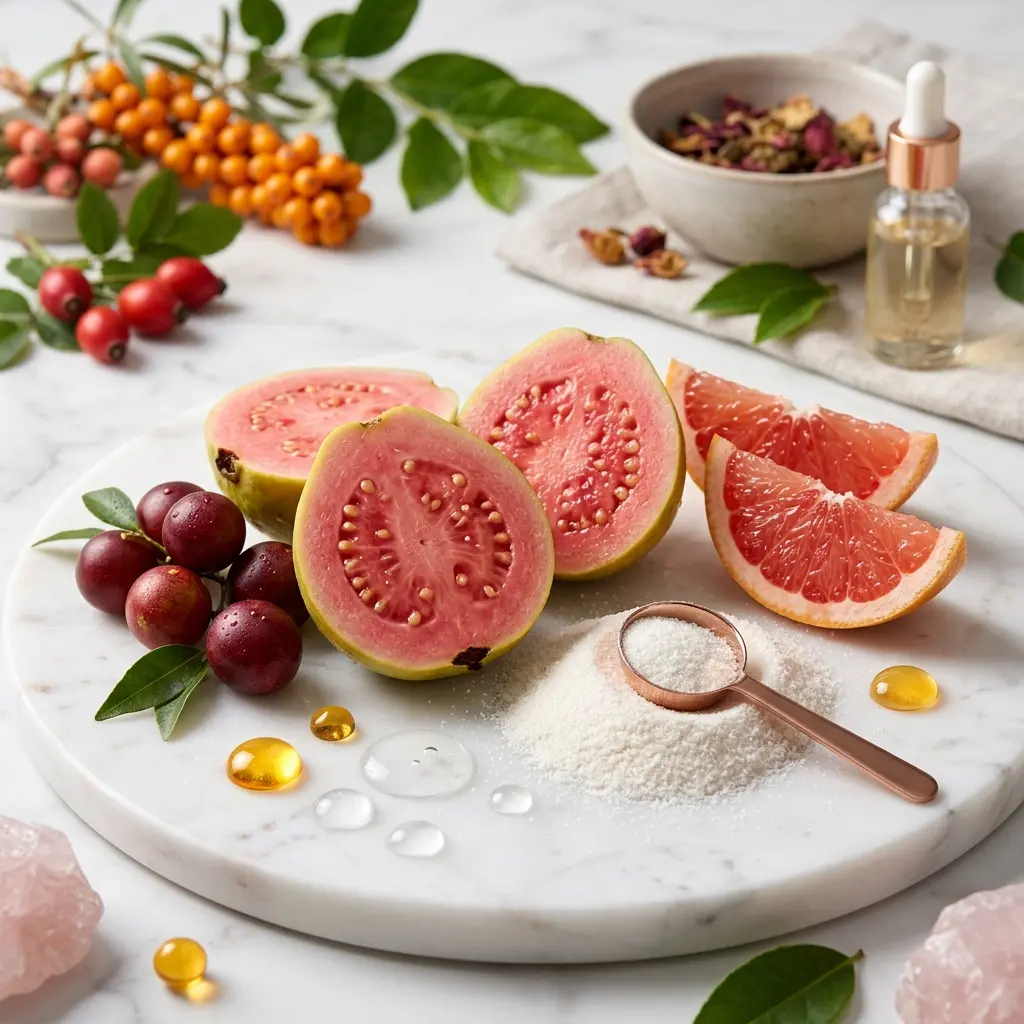 Bodegón antiedad de ingredientes de Cool Age: guayaba rosada, toronja fresca, camu camu y colágeno.