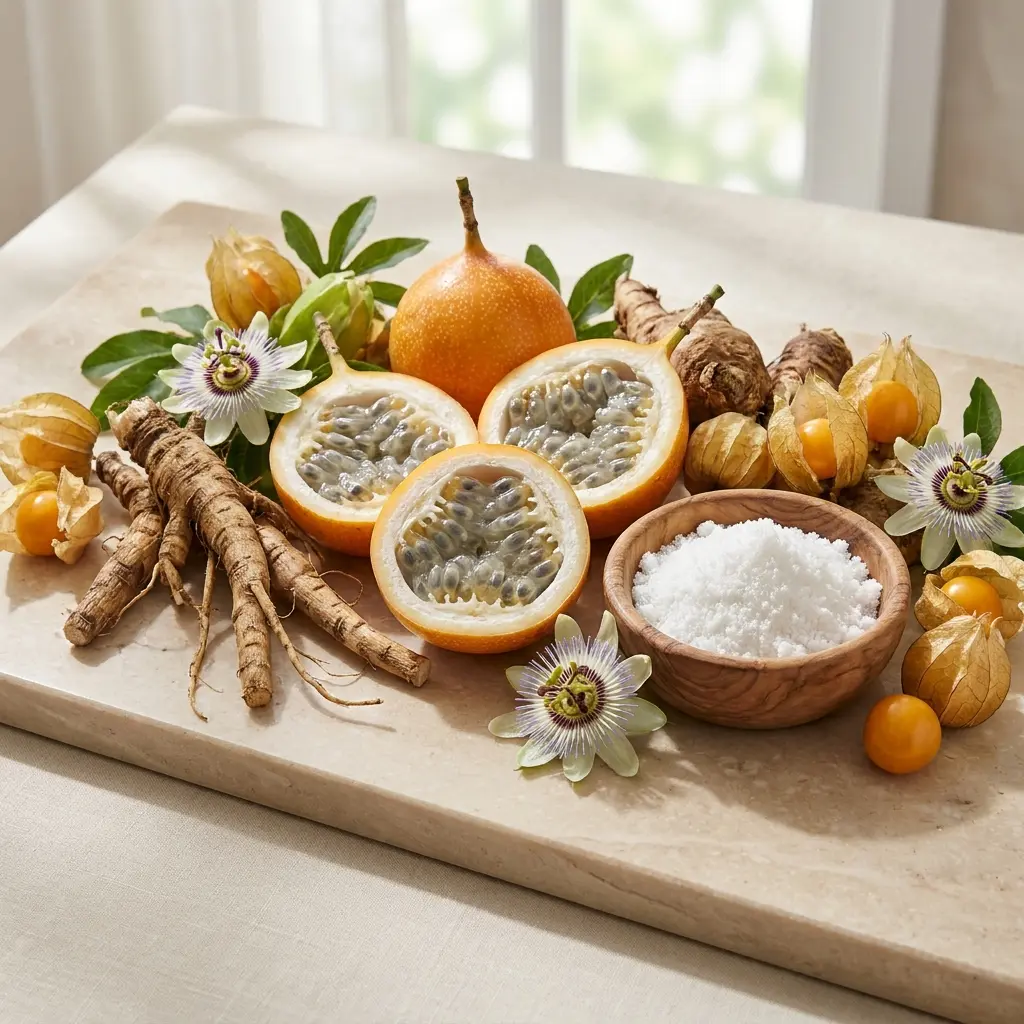 Bodegón de ingredientes naturales de Flora Liv: granadilla fresca, fibra y extractos botánicos.