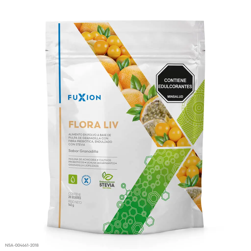 Caja y sobres oficiales de Flora Liv de FuXion, bebida con probióticos sabor granadilla.