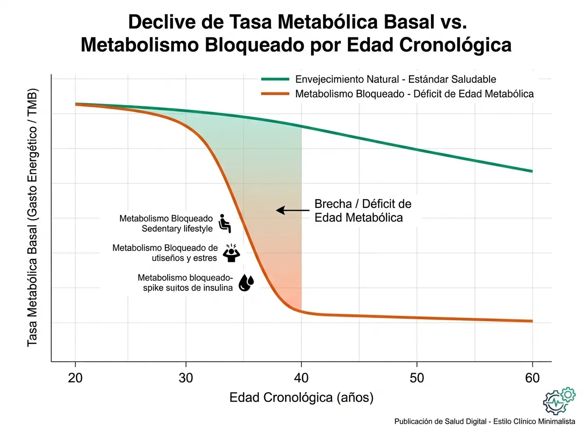 Gráfico clínico que muestra la disminución de la Tasa Metabólica Basal con la edad y el impacto de la termogénesis en la recuperación del metabolismo según estudios del NIH