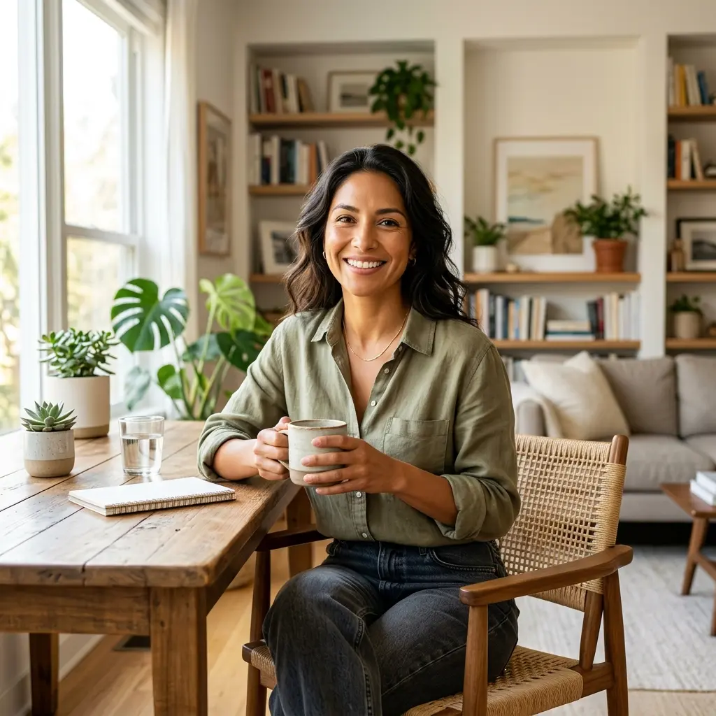 Persona enfocada y feliz disfrutando su café gourmet capuchino, protegiendo su sistema inmunológico.