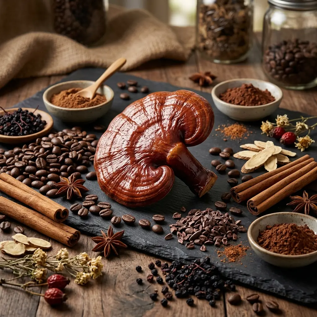 Bodegón de especialidad con granos de café tostado y hongo Ganoderma Lucidum orgánico.
