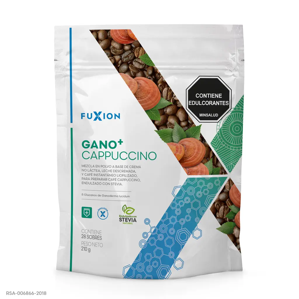 Caja y sobres oficiales de Gano+ Cappuccino de FuXion, café gourmet con Ganoderma.