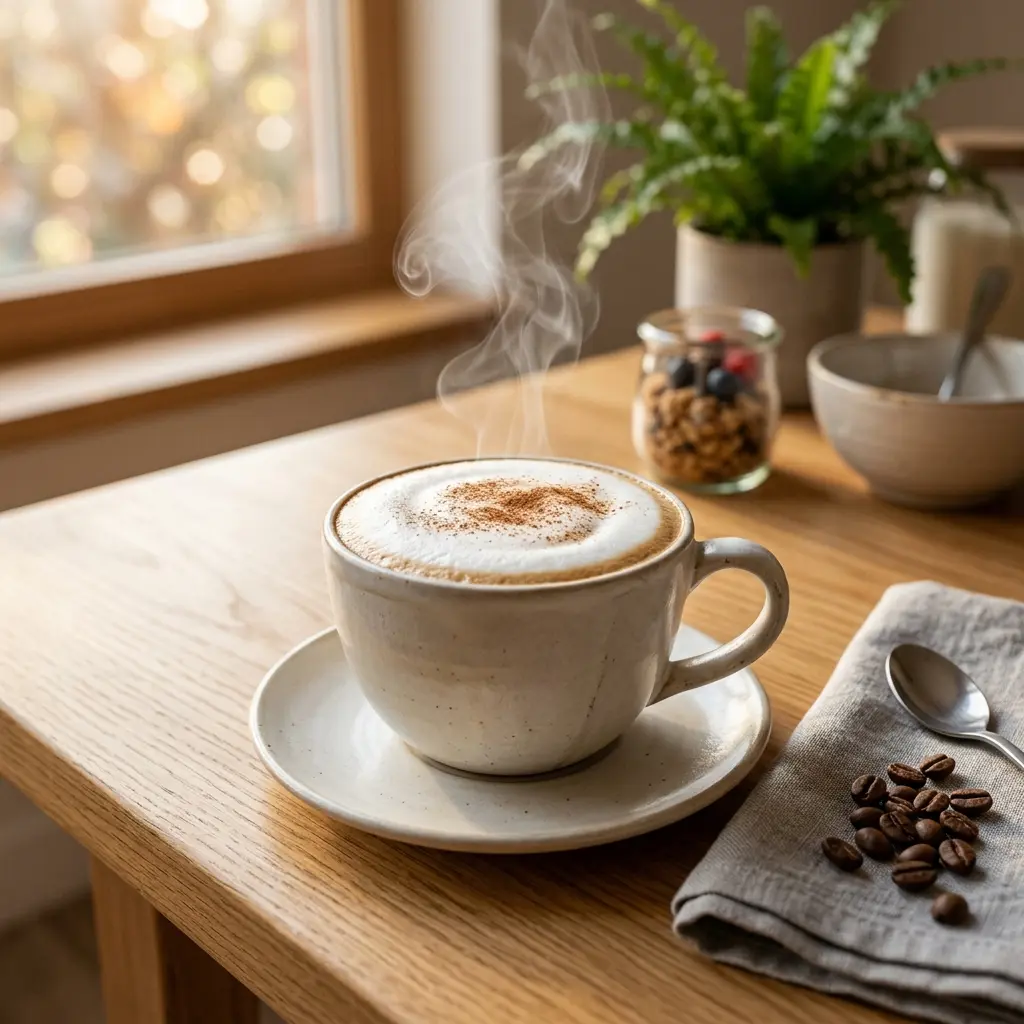 Taza de Gano+ Cappuccino servida durante un desayuno saludable o en sesión productiva de trabajo.