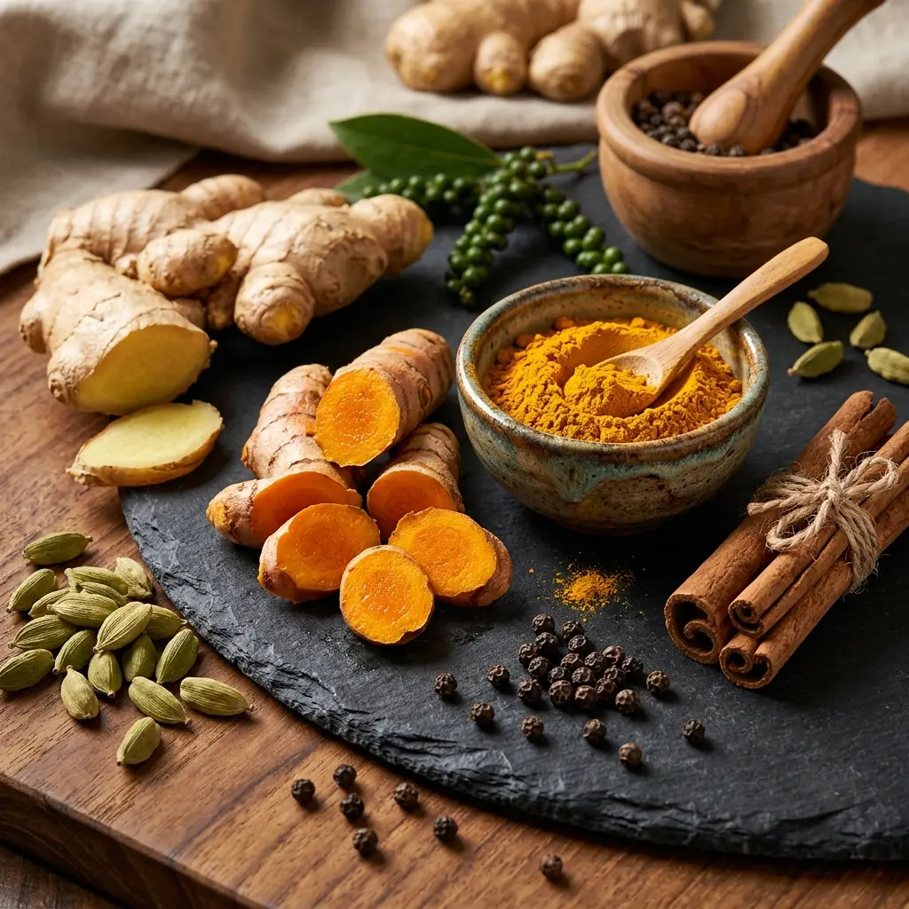 Bodegón ayurvédico de especias orgánicas de Golden Flx: raíz de cúrcuma, jengibre, canela y coco.