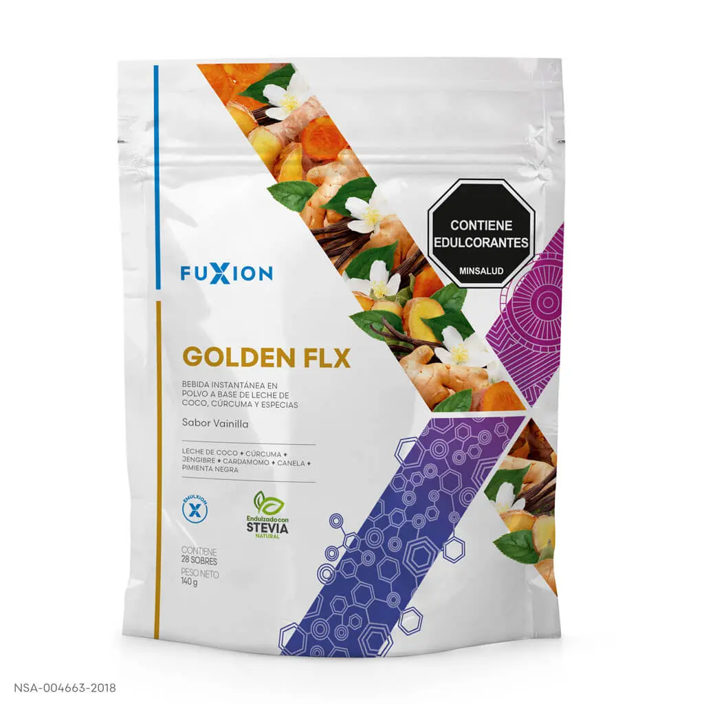Caja y sobres oficiales de Golden Flx de FuXion, leche dorada con cúrcuma para articulaciones.