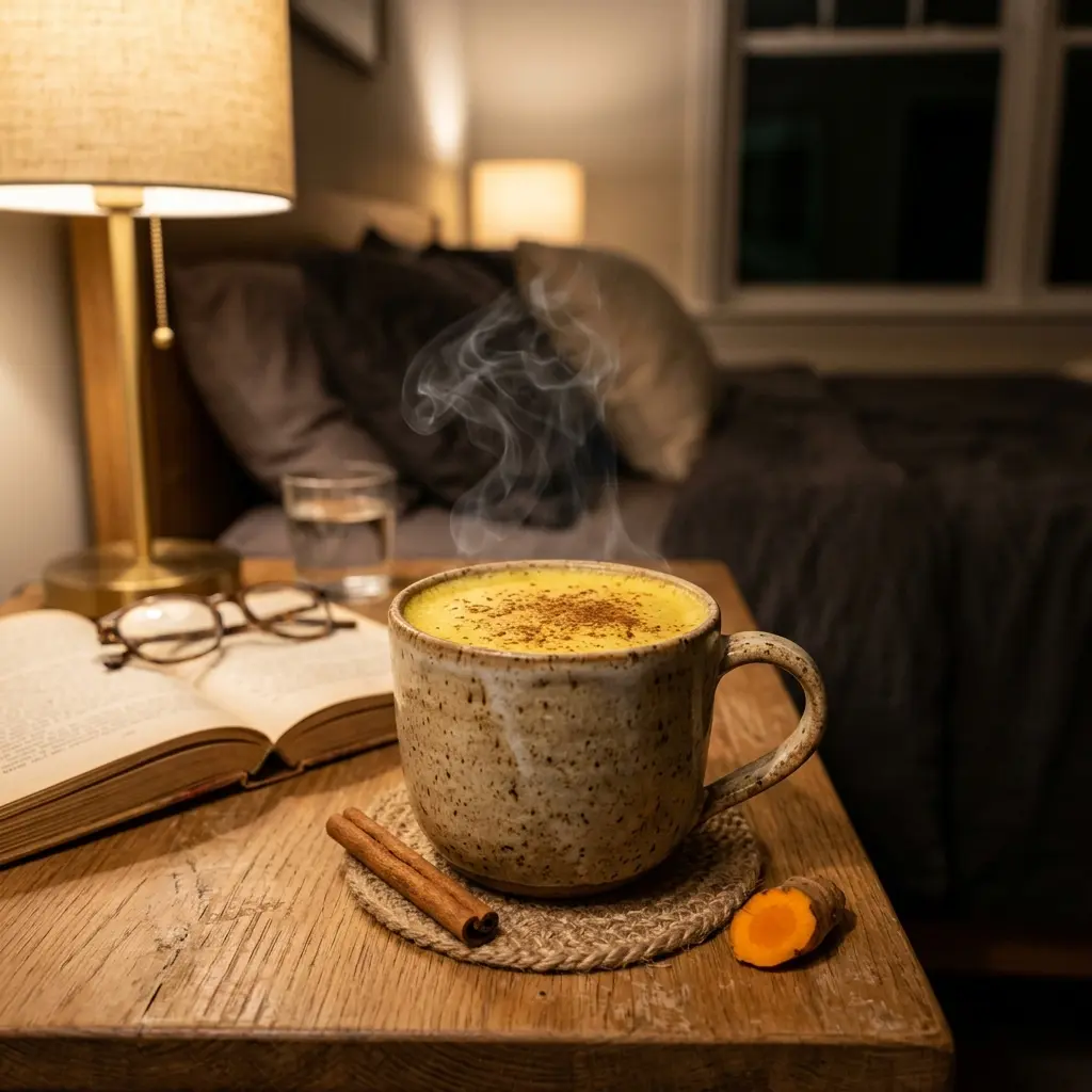 Taza de Golden Flx tibia servida en la noche para relajar y desinflamar el cuerpo al dormir.