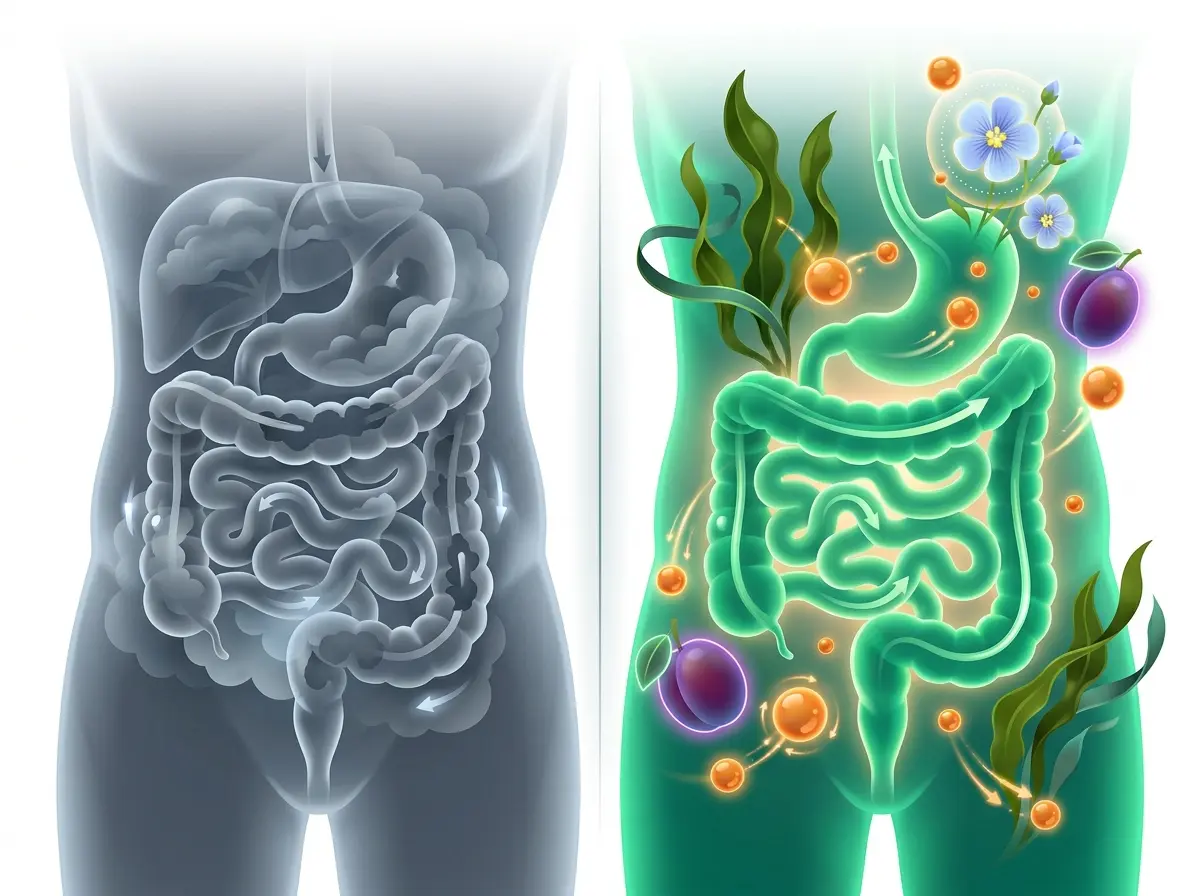 Ilustración anatómica biotecnológica que compara un colon congestionado por estreñimiento crónico frente a un sistema digestivo depurado con hierbas naturales y probióticos
