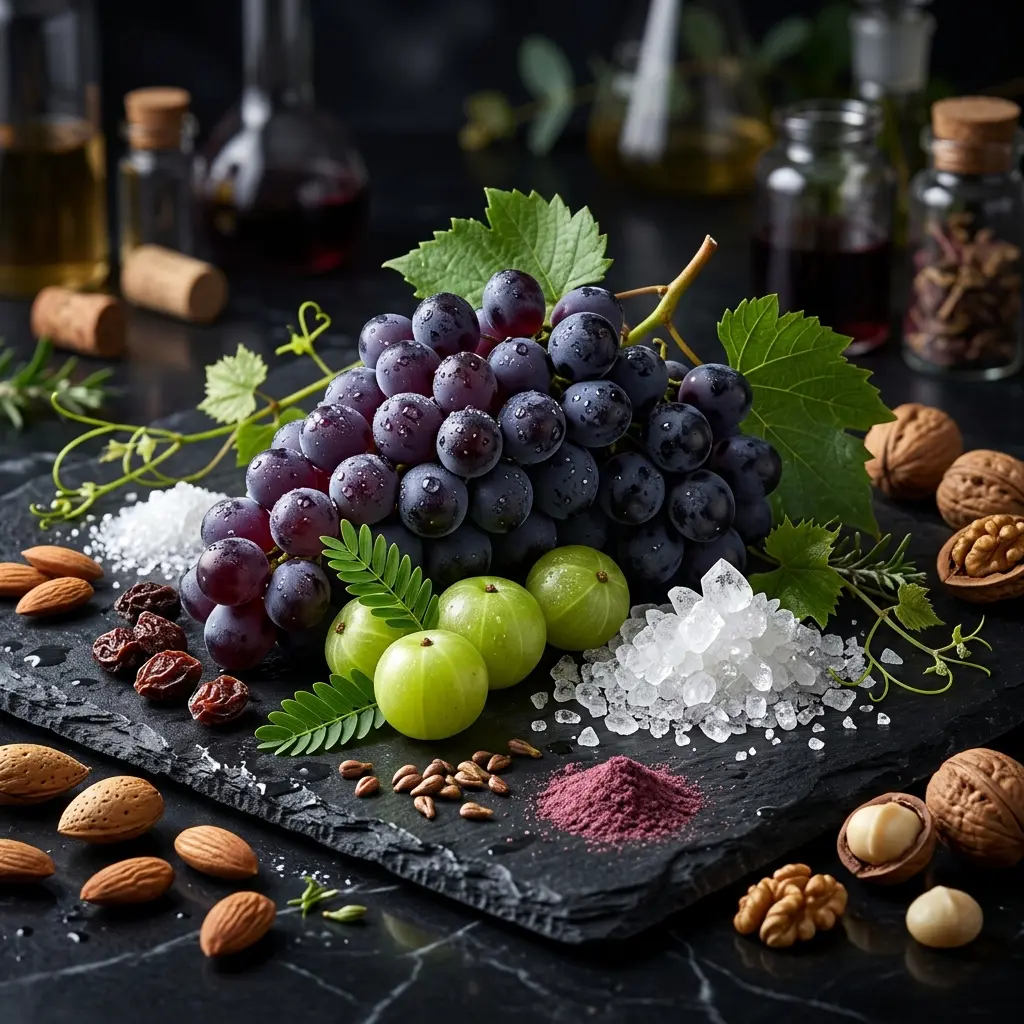 Bodegón de antioxidantes de HGH: racimos de uva morada con resveratrol, arándanos y amalaki.