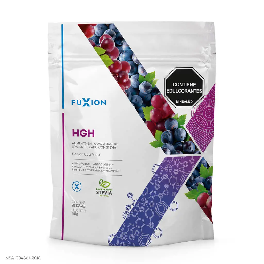 Caja y sobres oficiales de HGH (Youth Elixir) de FuXion, bebida antiedad y regeneración celular.