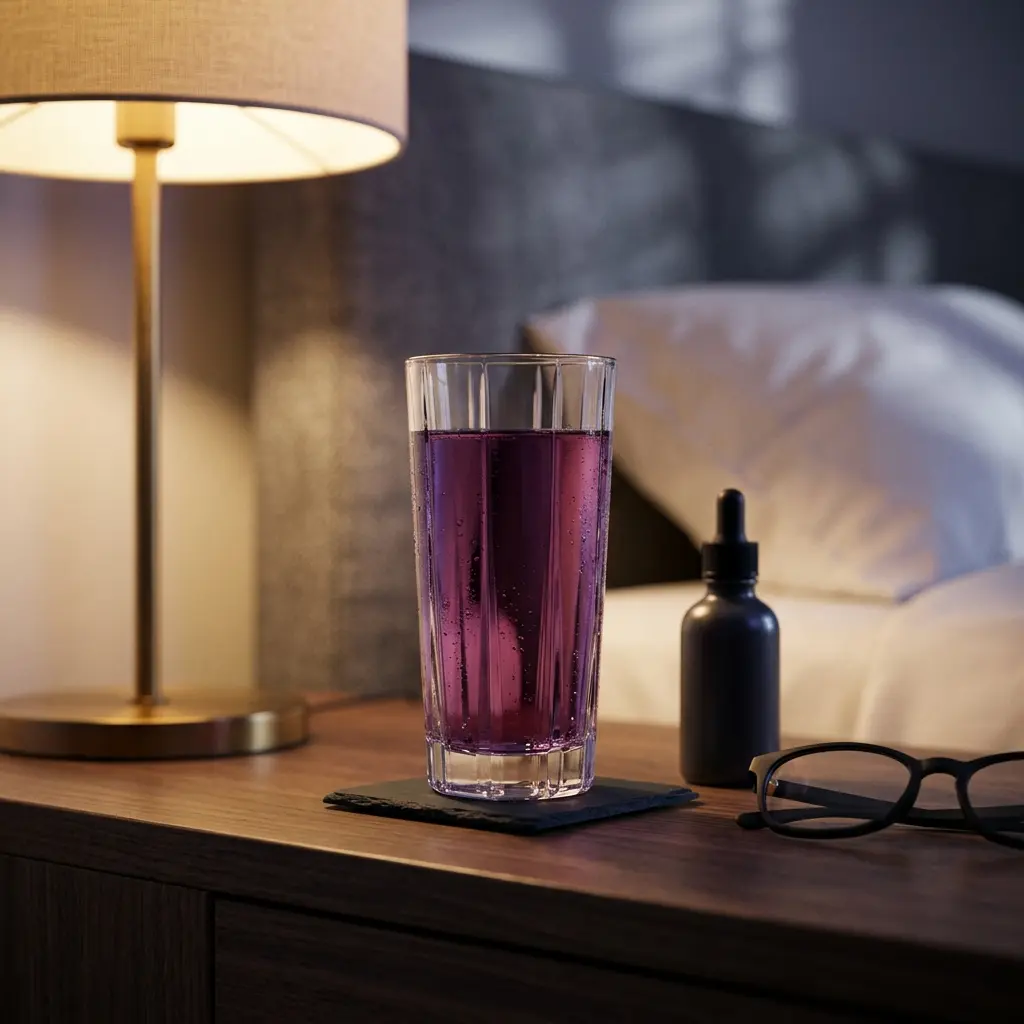 Vaso de HGH servido en la mesa de noche antes de dormir para el ritual antiedad nocturno.