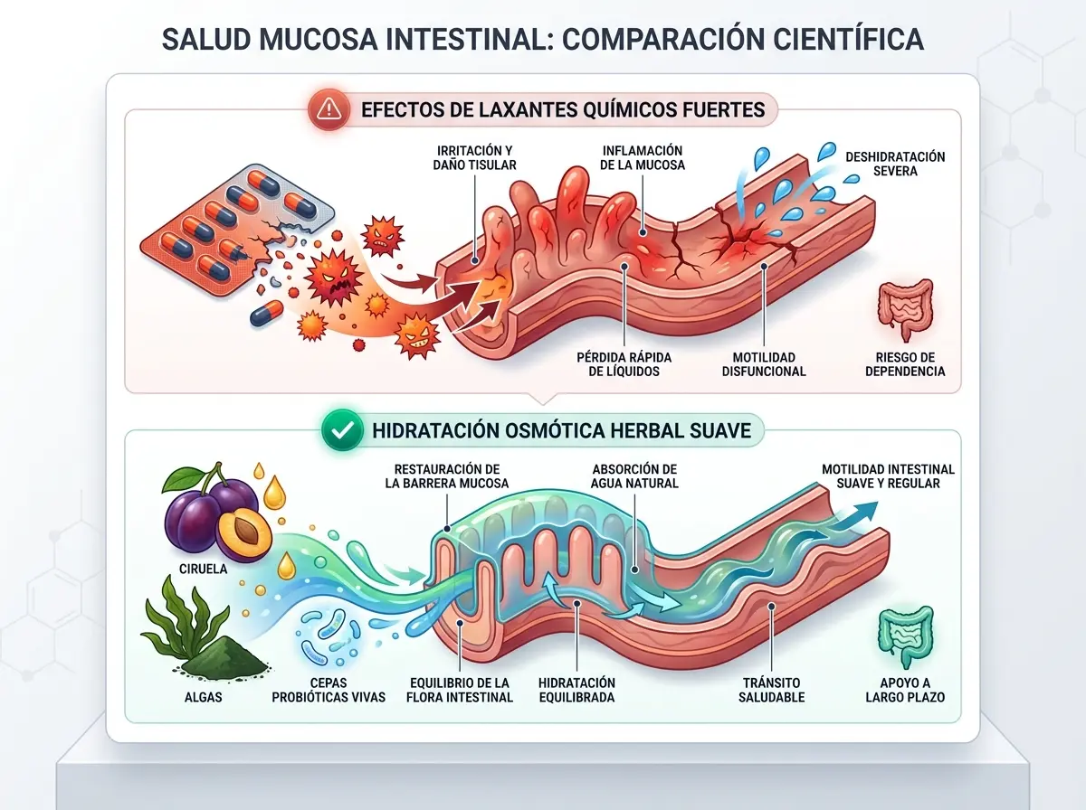 Infografía médica comparativa sobre el daño de los laxantes químicos irritantes en la mucosa intestinal versus la depuración osmótica suave con extractos herbales FuXion