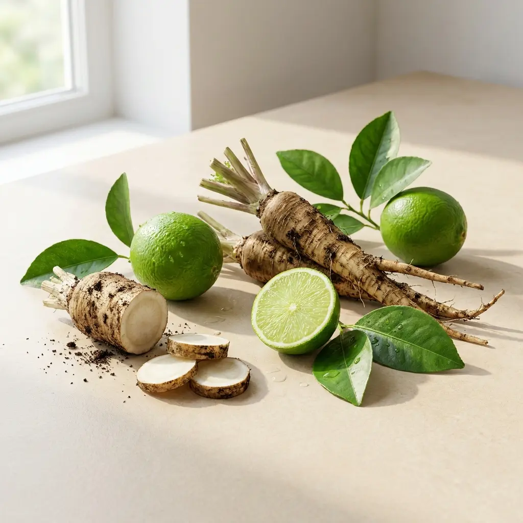 Bodegón de ingredientes naturales de Liquid Fiber: achicoria fresca, limones verdes y hojas cítricas.