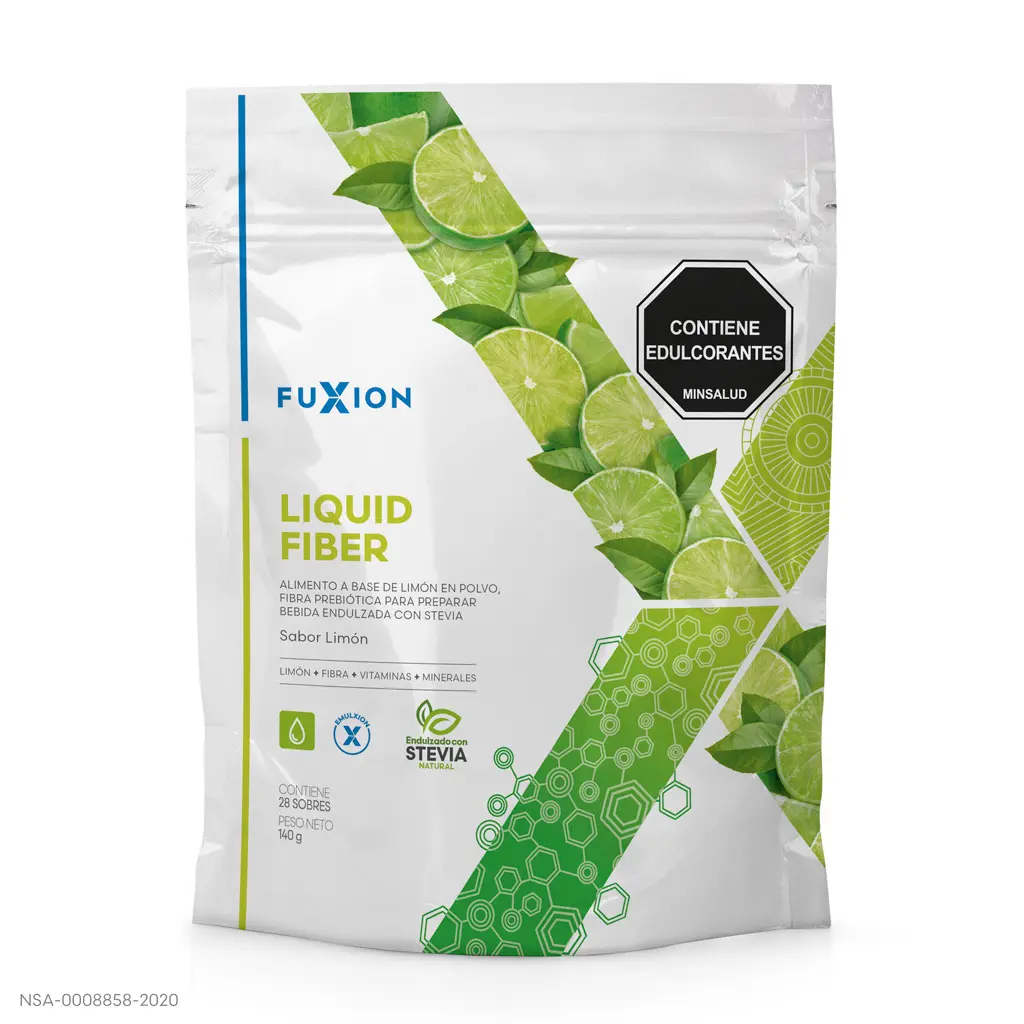 Caja y sobres oficiales de Liquid Fiber de FuXion, fibra prebiótica sabor limón.