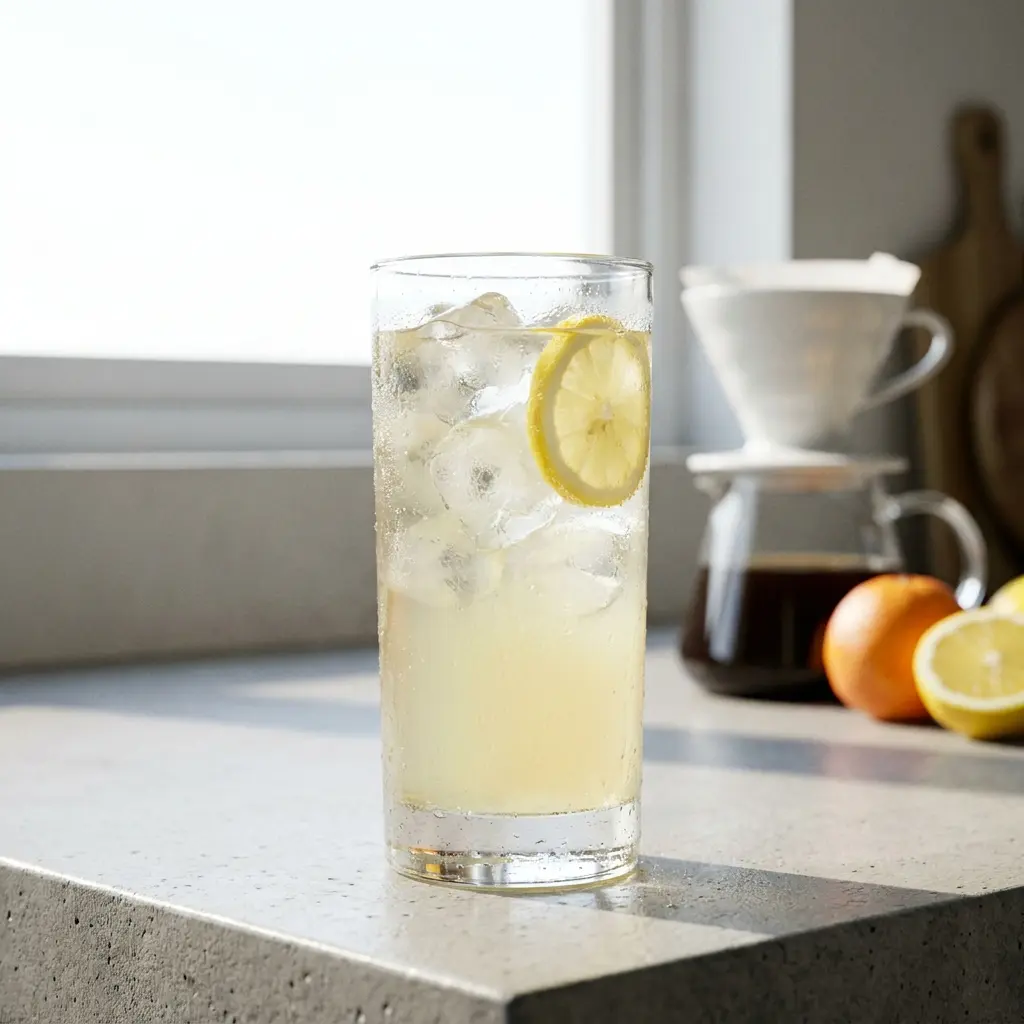 Vaso frío de Liquid Fiber con hielo y rodaja de limón sobre mesón de cocina en la mañana.