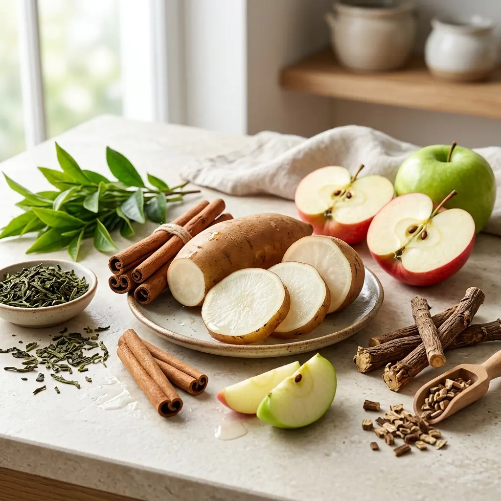 Bodegón natural de ingredientes de Nocarb-T: ramas de canela, manzanas, yacón y té verde.