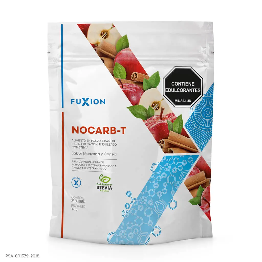 Caja y sobres oficiales de Nocarb-T de FuXion, té bloqueador de carbohidratos.