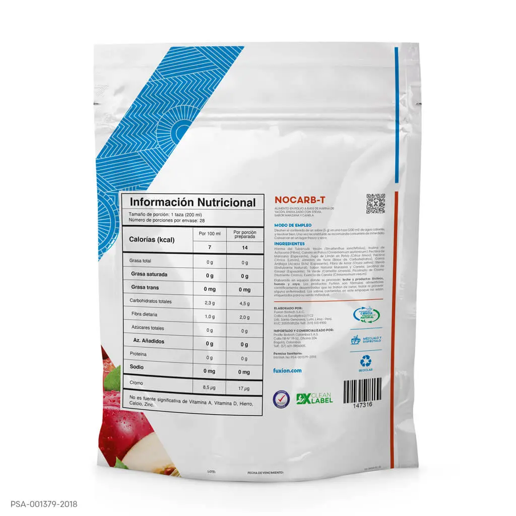 Ingredientes naturales de Nocarb-T: manzana verde, canela, fibra de yacón y té verde.