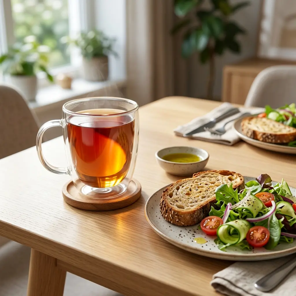 Taza de Nocarb-T sirviéndose en la mesa justo durante una comida rica en carbohidratos o pastas.