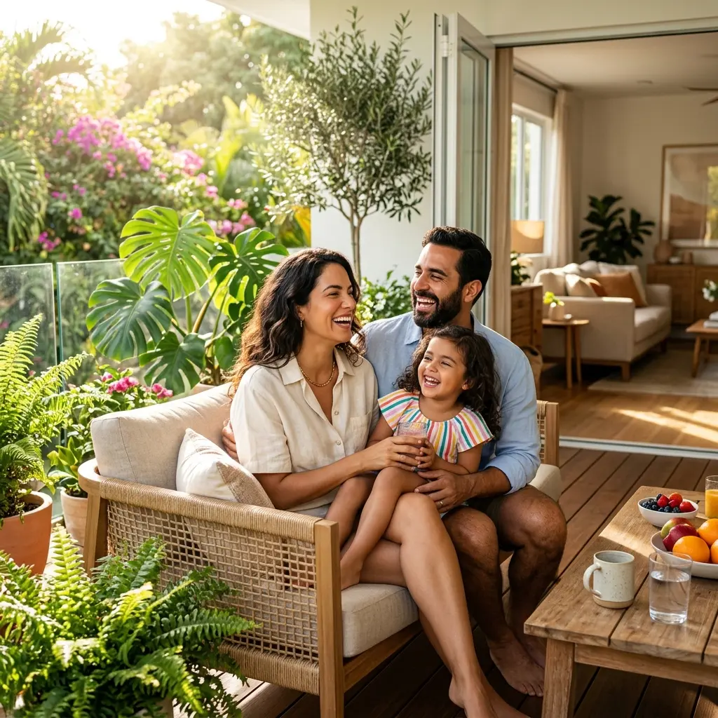 Familia feliz, saludable y con defensas fuertes disfrutando su día gracias a NutraDay.