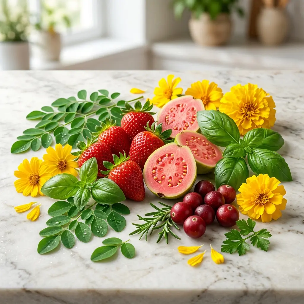 Bodegón de ingredientes naturales de NutraDay: hojas verdes de moringa, fresas jugosas y acerola.