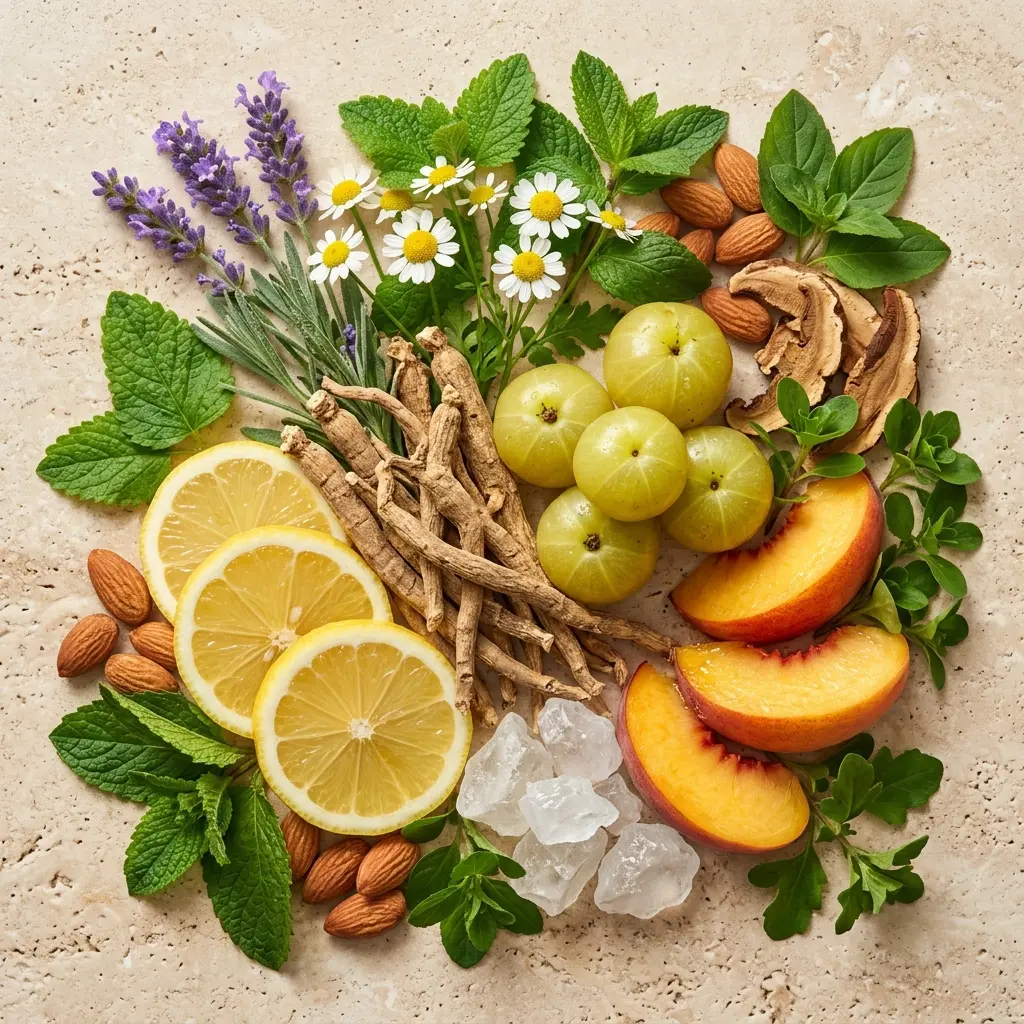 Bodegón de ingredientes de OFF: raíz de ashwagandha, frutos de amla, limón y magnesio puro.