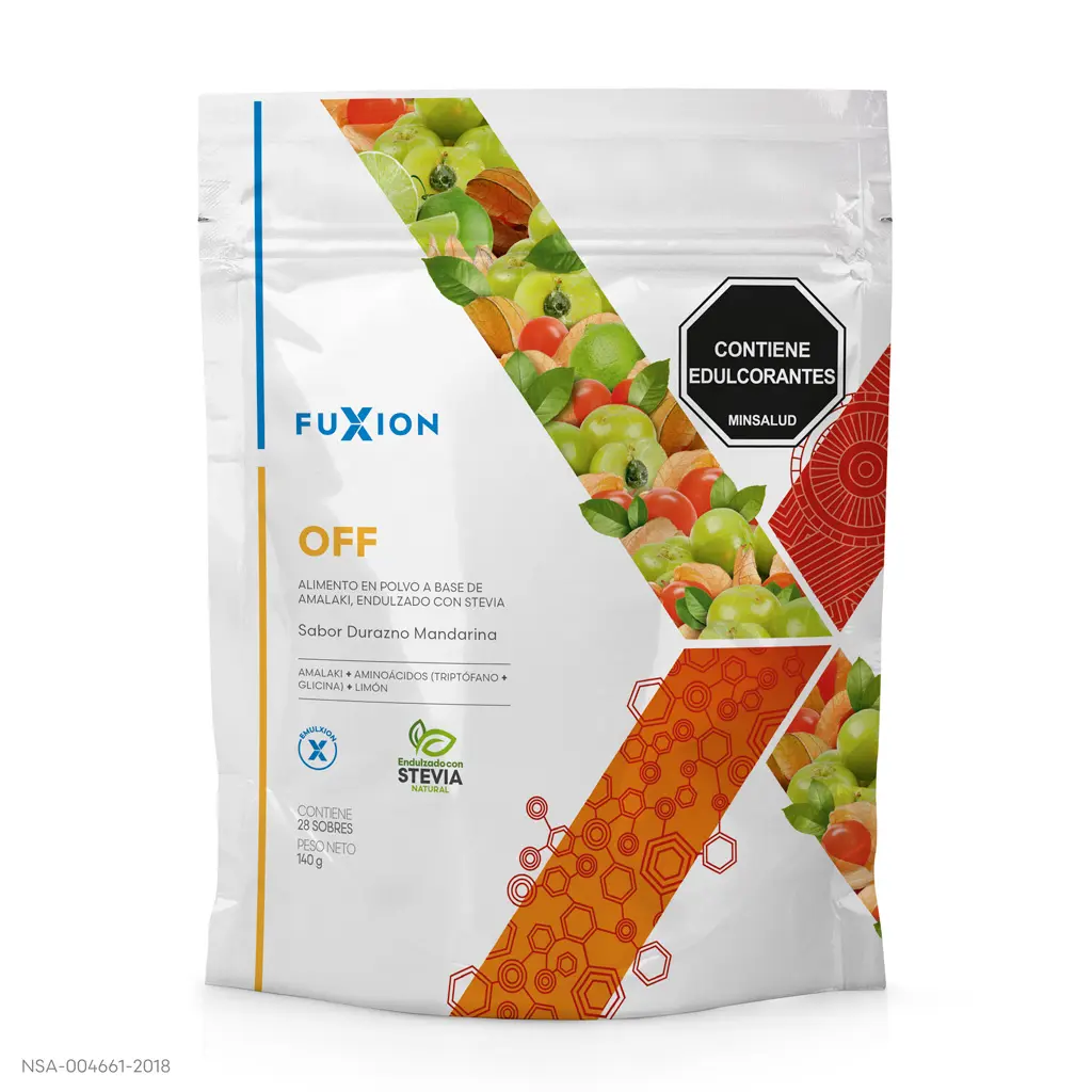 Caja y sobres oficiales de OFF de FuXion, bebida para calmar el estrés y mejorar el sueño.
