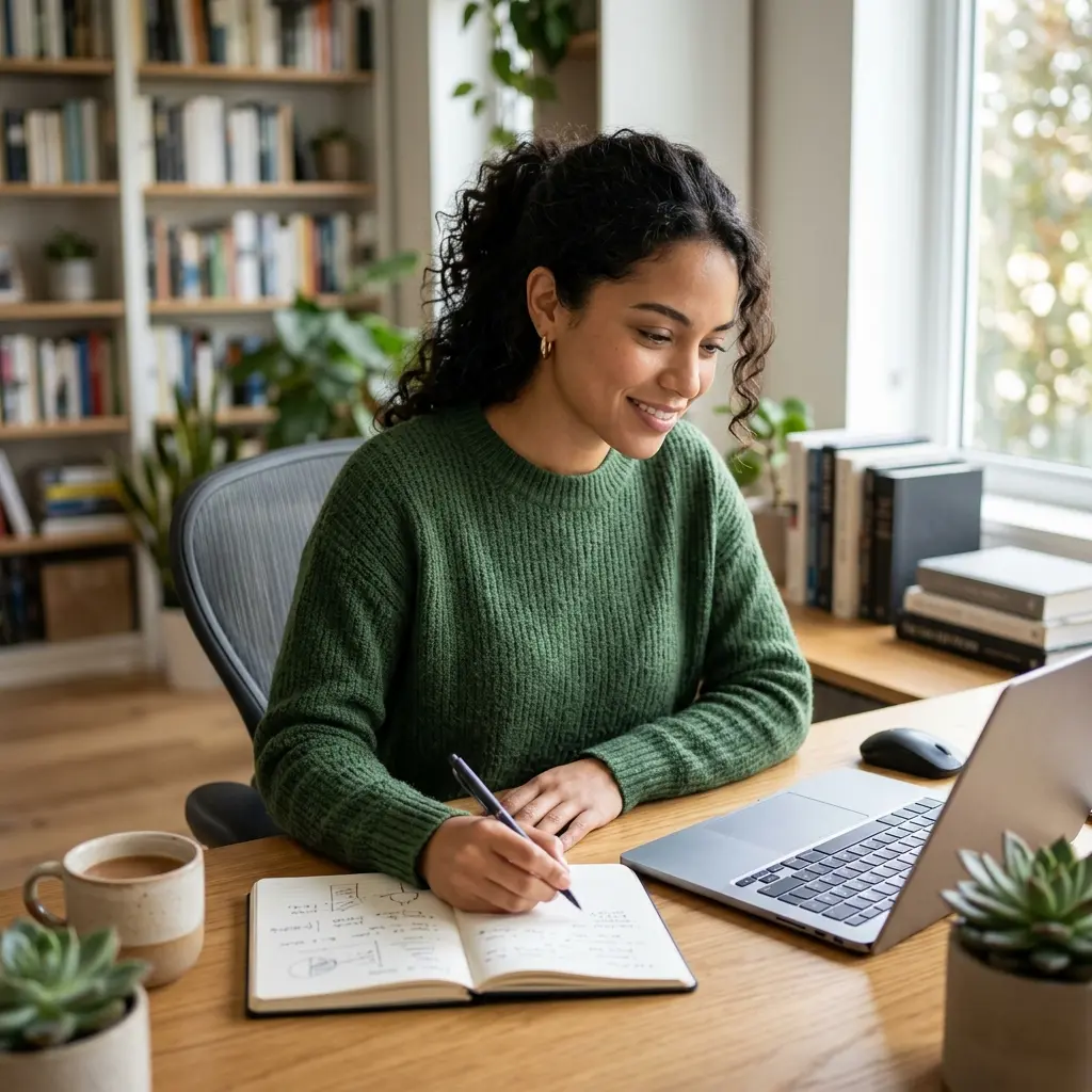 Persona productiva, enfocada y sin estrés trabajando en su computadora con agilidad mental.