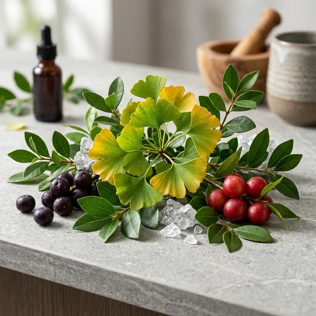 Bodegón de ingredientes de ON: hojas de ginkgo biloba, yerba mate, camu camu y acai.