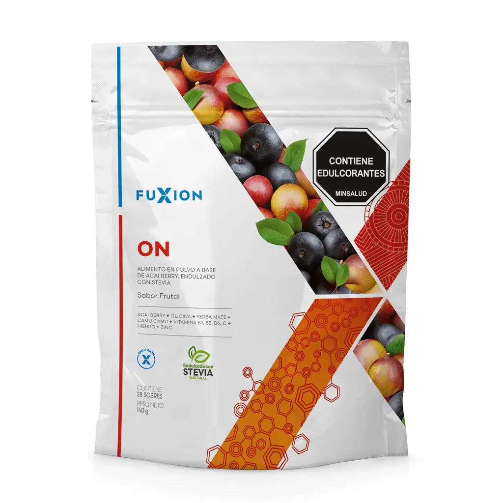 Caja y sobres oficiales de ON de FuXion, nootrópico natural para el enfoque mental.