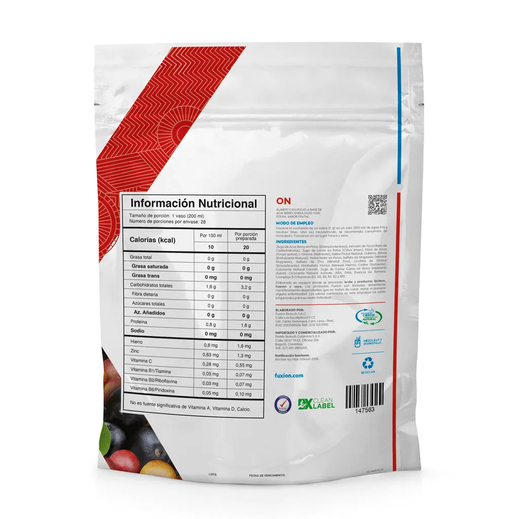 Ingredientes naturales de ON: hojas de yerba mate, ginkgo biloba, camu camu y acai.