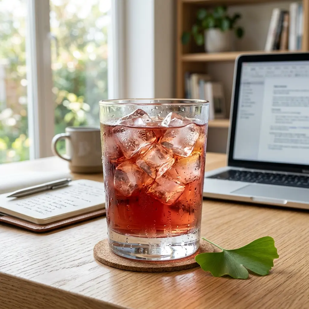 Vaso de ON preparado sobre escritorio junto a laptop y libros en sesión de trabajo o estudio.